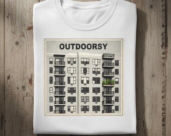 Camiseta divertida para exteriores con balcón urbano y jardín.