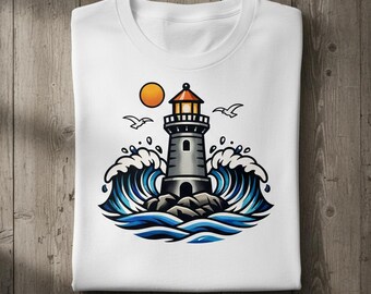Camiseta con diseño de tatuaje de faro y olas costeras tradicionales americanas.