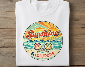 Camiseta retro de playa con estampado de sol y piruletas.