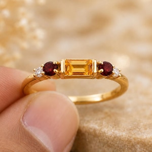Citrine Garnet Ring, Baguette Cut Citrine Ring, Gold Vermeil Ring, Minimalist Promise Ring, November Birthstone, Gift for Her, Silver Ring