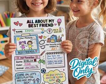Pode incluir: Uma folha de atividades em papel branco intitulada All About My Best Friend com ilustrações coloridas desenhadas à mão, incluindo uma mochila, um gelado e um comando de jogo. A folha apresenta secções para preencher nome, idade e favoritos.