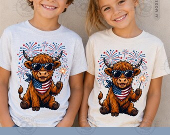 Pode incluir: Duas t-shirts de cor clara com o gráfico de uma vaca Highland castanha a usar óculos de sol e uma bandana com o padrão da bandeira americana. A vaca segura uma faísca, rodeada por ilustrações de fogo de artifício vermelho, branco e azul.