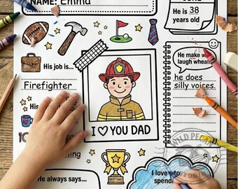 Pode incluir: Um questionário imprimível "Tudo sobre o meu pai", com uma ilustração de bombeiro, estrelas e o texto "I ♡ YOU DAD". Inclui espaço para nome, idade, trabalho e coisas favoritas. Lápis de cor e lápis circundam a página.