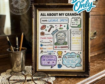 Pode incluir: Uma impressão emoldurada em estilo desenhado à mão intitulada "All About My Grandpa" com o nome "George Smith". A impressão inclui ilustrações de uma bola de futebol, martelo, bandeira de golfe, gravata, pasta e um retrato. O texto inclui "Fixing Things", "Cookies" e "Fishing".