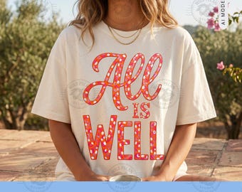 Pode incluir: Uma t-shirt de manga curta na cor creme com o texto "All IS WELL" numa fonte ousada e estilizada. As letras estão preenchidas com um padrão vibrante e multicolorido de formas circulares em tons de rosa, laranja e vermelho na peça.