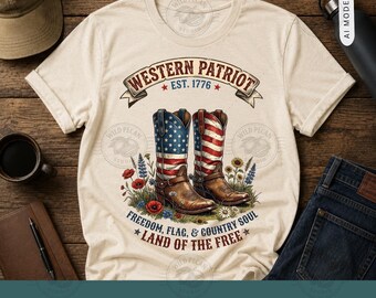Pode incluir: Uma t-shirt de manga curta cor de creme com um gráfico de duas botas de cowboy com padrões da bandeira americana. O texto diz WESTERN PATRIOT EST. 1776 e FREEDOM, FLAG, & COUNTRY SOUL LAND OF THE FREE, rodeado por flores silvestres.
