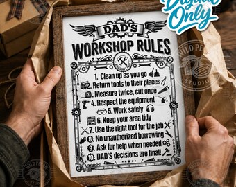 Pode incluir: Uma moldura de madeira retangular contendo uma placa branca com texto preto intitulada DAD'S WORKSHOP RULES. A placa lista dez regras numeradas acompanhadas por pequenos ícones pretos de ferramentas e equipamentos de segurança.