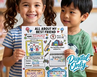 Pode incluir: Uma folha de atividades imprimível intitulada All About My Best Friend com ilustrações coloridas desenhadas à mão de sorvetes, uma mochila e um taco de críquete. A página inclui seções para preencher nome, idade e favoritos.