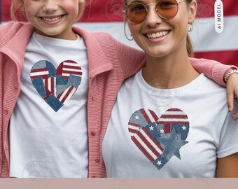 Corações do 4 de Julho PNG, Corações Patrióticos em Patchwork Jeans PNG, Design de Camiseta com a Bandeira Americana, Download Digital