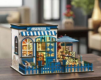 Kit de casa en miniatura 3D Sunlight Cafe / Modelo de cafetería de madera, rompecabezas de decoración de escritorio LED