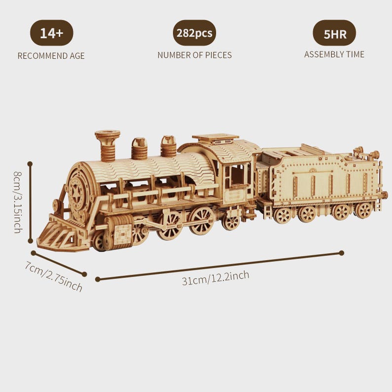 3D Wooden Mechanical Train Puzzle Kit – Moving Gear Model Craft Project ...