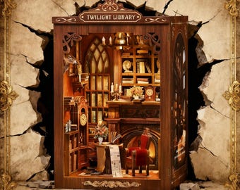 Twilight Reading Corner 3D Wooden Book Nook Kit | Miniature Bookshelf Decor (LED)