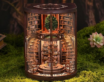 Wisdom Rings Book Nook Kit | 3D Wooden Miniature Library Bookshelf Decor (Puzzle Gift)