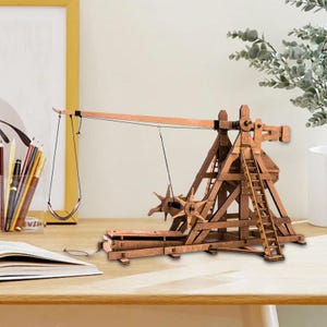 May include: A wooden trebuchet model, featuring a long arm, a sling, and a complex framework. The model is made of light brown wood and includes a ladder and gear-like wheels. It sits on a wooden surface.