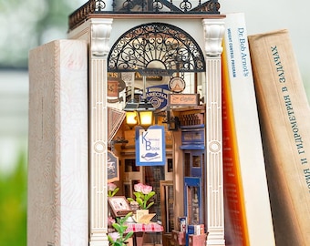 Paris Arcade Book Nook DIY Kit | Vintage Miniature Wooden Bookshelf Insert (LED Light)