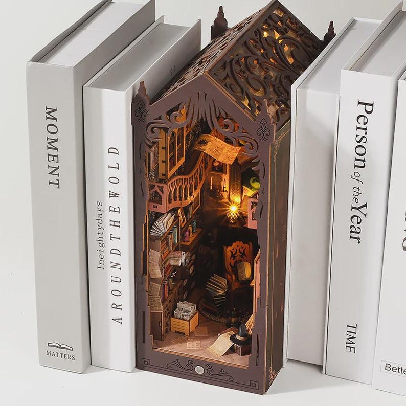 Magic Library Book Nook Kit | Wooden Bookshelf Insert With LED Light ...