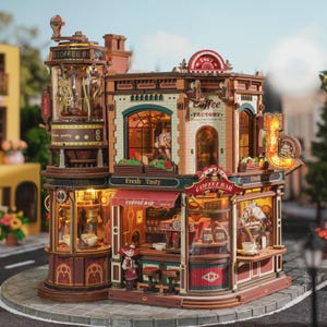 May include: A detailed miniature coffee shop model with multiple levels, featuring the text "Coffee Factory" and "Coffee Bar". The model has a red awning, illuminated windows, and a street scene base. The color palette includes brown, red, and cream.