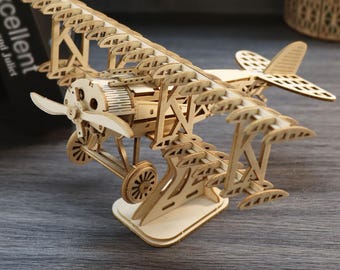 Vintage Biplane 3D Wooden Puzzle Kit: DIY Aircraft Model Craft