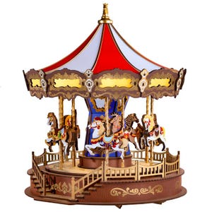 May include: A wooden carousel with a red, white, and gold canopy. The carousel features several detailed horses in various colors, a blue center column, and a decorative wooden base. The carousel is a miniature model.
