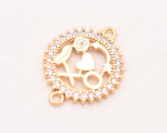 Elegant 18K Gold Filled XO Heart Symbol Connector Charm Pendant CZ Rhinestone Jewelry Making Supplies DIY Bracelet Findings 24.5*19mm