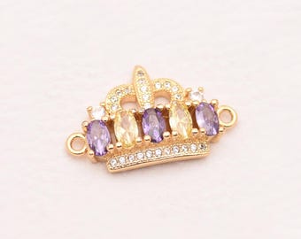 Elegant 18K Gold Filled Crown Charm Connector Pendant Purple Yellow Zircon Jewelry Making Supplies Bracelet DIY Findings 14.5*22.5mm