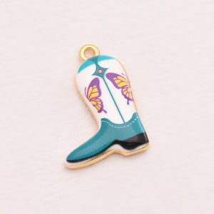 Cute Cowboy Boot Enamel Charm Pendant With Floral Star Patterns and 18K Gold Filled Frame for DIY Jewelry Making 24*16.5mm