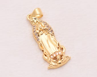 Elegant Rhinestone Virgin Mary Pendant 18K Gold Filled Devotional Religious Necklace For Women Spiritual Gift Jewelry 28.5*11mm