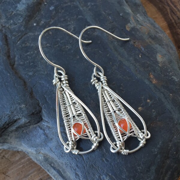 Carnelian Wire Wrap Earrings /// Orange Dangles