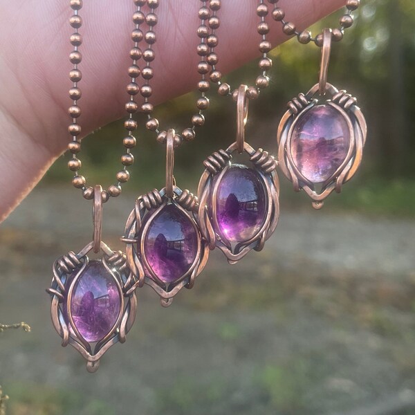 Mini Amethyst Wire Wrapped Necklace in Antiqued Copper - Elven Jewelry - Petite Silver Wire Wrapped Labradorite Jewelry