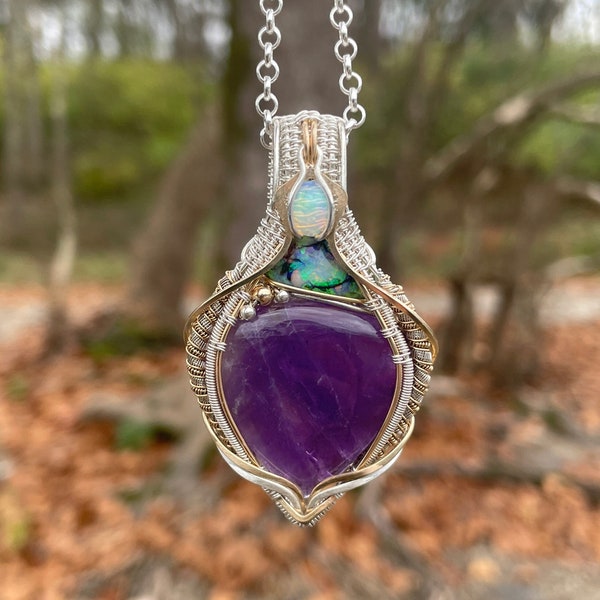 Amethyst and Opal Pendant - Mixed Metal Silver and Gold Wire Wrapped Pendant - Wire Wrap Pendant- Amethyst and Opal Jewelry