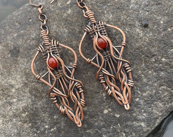Carnelian Earrings  -Wire Wrap Earrings - Copper Earrings - Copper Wire Wrap - Gemstone Earrings - Boho Jewelry