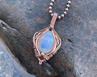 Moonstone Wire Wrapped Elven Pendant Necklace in Copper - Copper Wire Wrapped Moonstone Jewelry