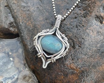 Labradorite Wire Wrapped Pendant in Sterling Silver - Elven Jewelry - Silver Wire Wrapped Blue Labradorite Jewelry