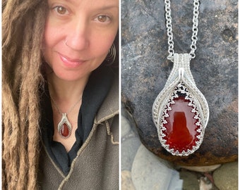 Carnelian Pendant in Sterling Silver - Wire Wrapped Carnelian Pendant