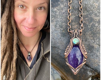 Amethyst and Abalone Copper Wire Wrapped Pendant - Mermaid Jewelry - Heady Wire Wrap Jewelry - February Birthstone