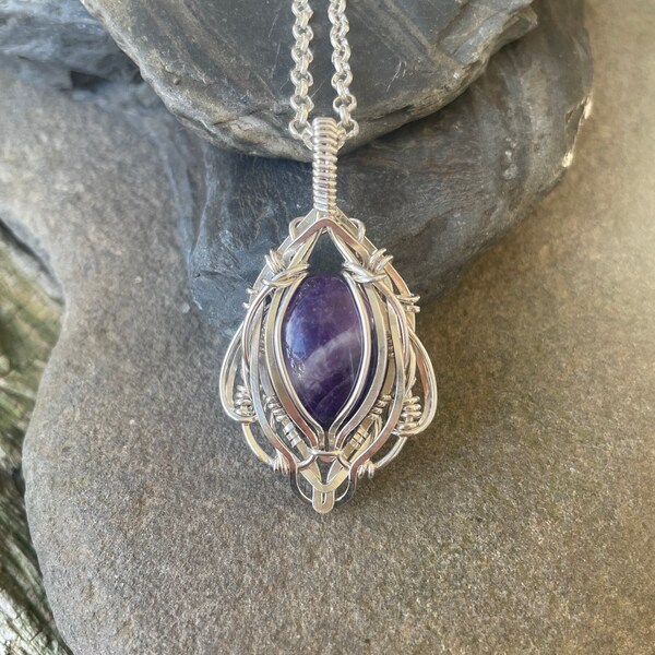 Amethyst Wire Wrapped Pendant in Sterling Silver - Elven Jewelry