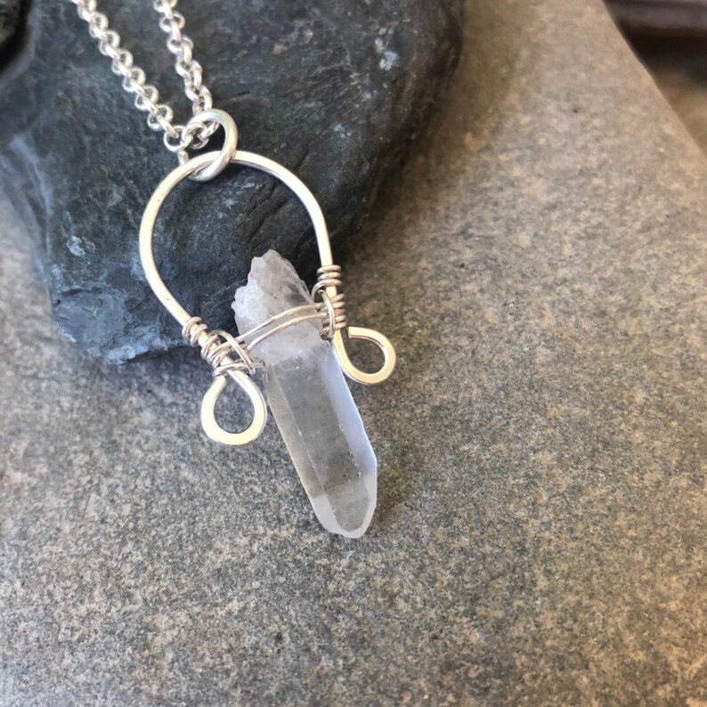 Wire Wrapped Necklace Sweet Water Silver Wire Wrap Quartz Arc Necklace Wire Wrap Jewelry Boho Necklace Quartz Jewelry
