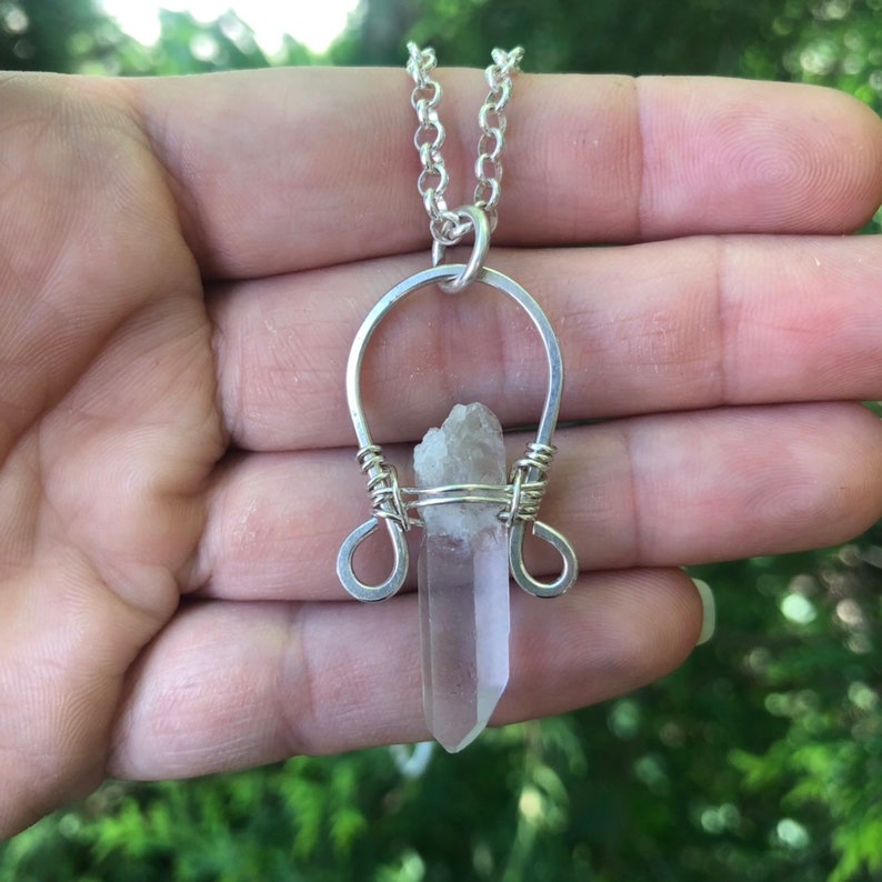 Wire Wrapped Necklace Sweet Water Silver Wire Wrap Quartz Arc Necklace Wire Wrap Jewelry Boho Necklace Quartz Jewelry