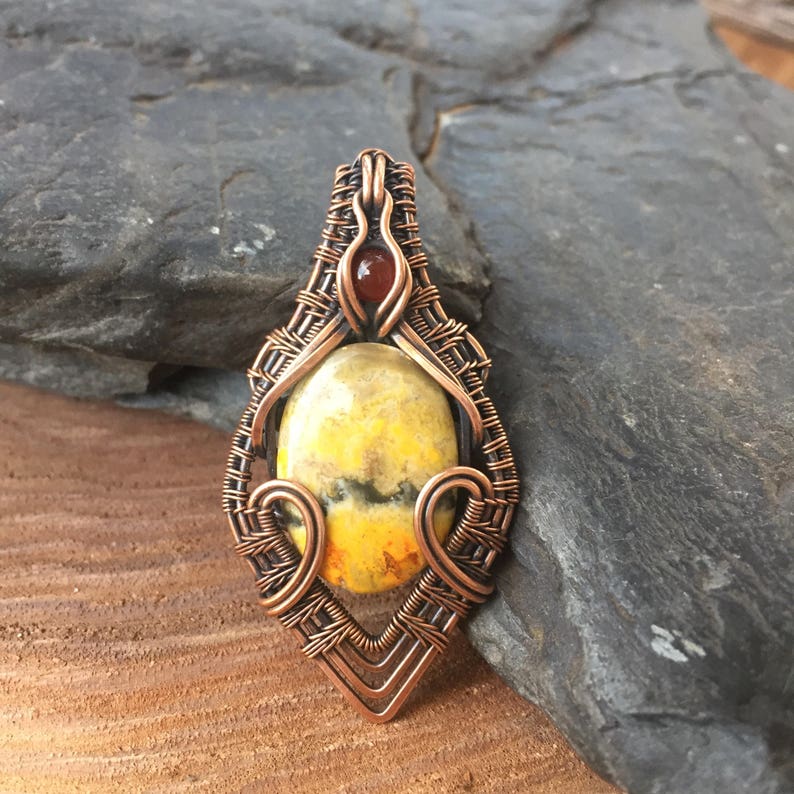 Copper Wire Wrap Wire Wrapped Pendant Heady Wire Wrap Wire Wrap Pendant Bumblebee Jasper Pendant Sweet Water Silver Bumble Bee image 1