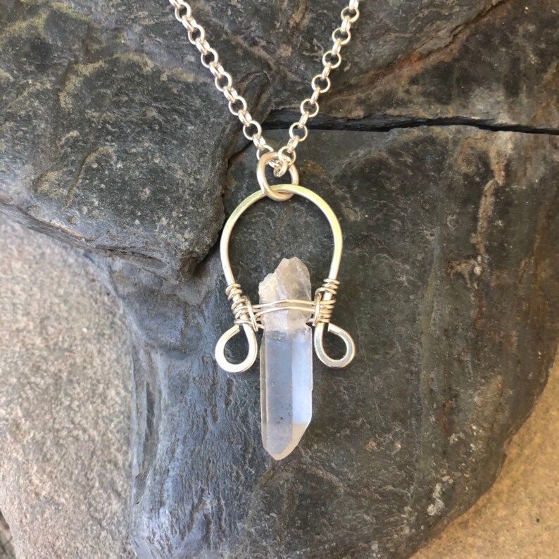 Wire Wrapped Necklace Sweet Water Silver Wire Wrap Quartz Arc Necklace Wire Wrap Jewelry Boho Necklace Quartz Jewelry