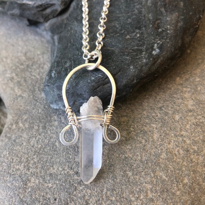 Wire Wrapped Necklace Sweet Water Silver Wire Wrap Quartz Arc Necklace Wire Wrap Jewelry Boho Necklace Quartz Jewelry