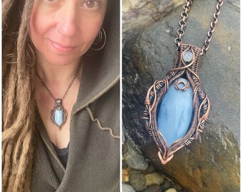 Owyhee Blue Opal and Moonstone Copper Wire Wrapped Pendant - Wire Wrapped Copper Amulet - Sweet Water Silver