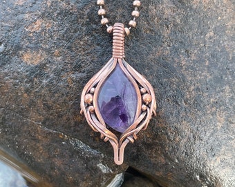 Amethyst Gemstone Pendant in Antiqued Copper - Wire Wrapped Jewelry - Elven Jewelry