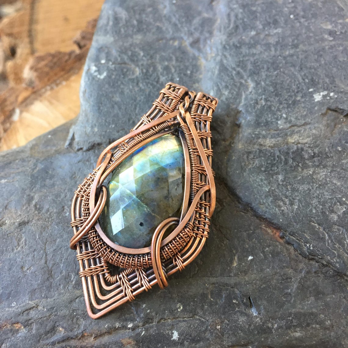 Copper and Labradorite Wire Wrapped Pendant Heady Wire Etsy