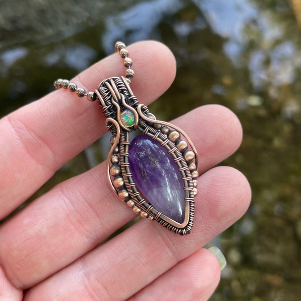 Amethyst and Opal Copper Wire Wrapped Pendant - Elven Jewelry - Heady Wire Wrap Jewelry - February Birthstone