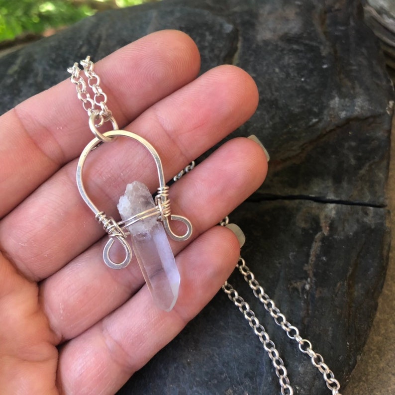 Wire Wrapped Necklace Sweet Water Silver Wire Wrap Quartz Arc Necklace Wire Wrap Jewelry Boho Necklace Quartz Jewelry