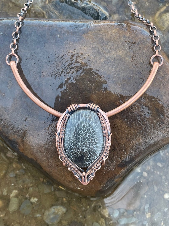 Stingray Coral Copper Collar Necklace - Wire Wrapped Necklace - Copper Collar Necklace - Fossilized Coral Jewelry - Statement Necklace