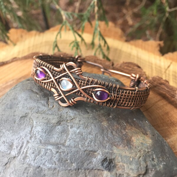 Wire Wrap, Wire Wrapped Bracelet, Copper Bracelet, Amethyst Moonstone Bracelet, Heady Wire Wrap, Wire Wrapped Jewelry, Sweet Water Silver,