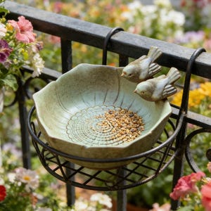 May include: A decorative bird feeder with a light green ceramic bowl and two small bird figurines. The bowl is filled with birdseed and hangs from a black metal railing. The background is filled with colorful flowers.