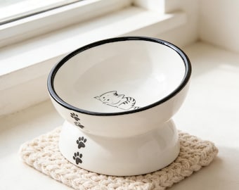 Ceramic Pet Bowl | Cute Tabby Cat Raised Bowl | Paw Print Ceramic Pet Bowl | Non-Slip Pedestal Base | Minimalist Cat Decor, Art Decor